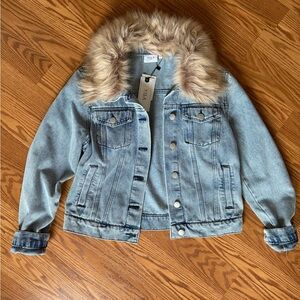 VILA Light Blue Denim Jacket with Faux Fur Trim
